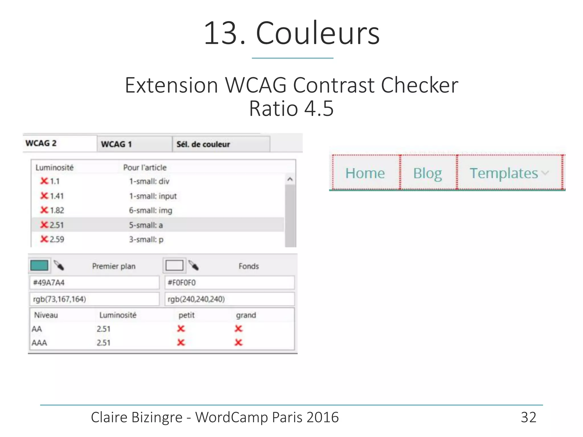 13. Couleurs
Claire Bizingre - WordCamp Paris 2016
Extension WCAG Contrast Checker
Ratio 4.5
32
 