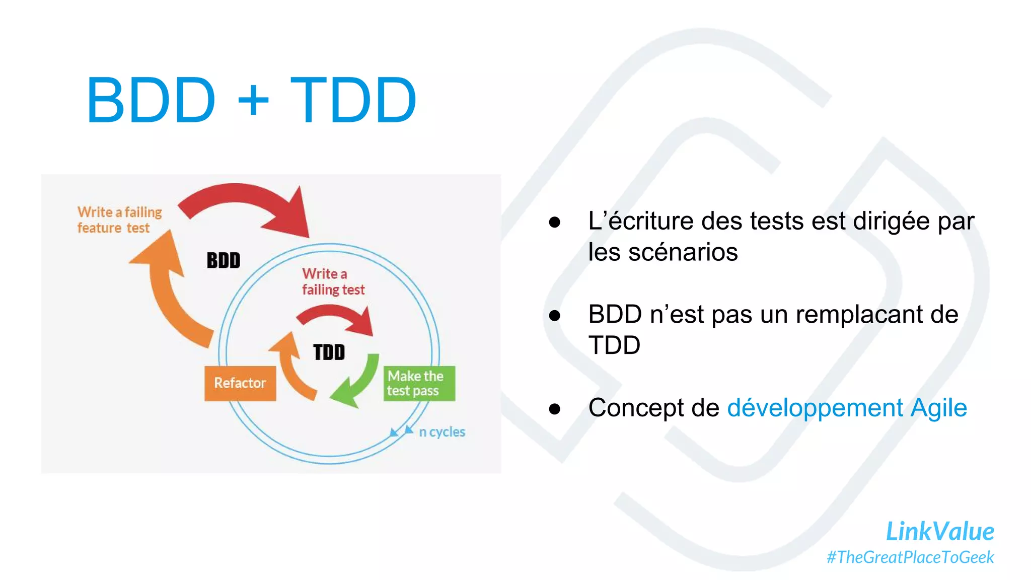 LinkValue
#TheGreatPlaceToGeek
BDD + TDD
● L’écriture des tests est dirigée par
les scénarios
● BDD n’est pas un remplacant de
TDD
● Concept de développement Agile
 