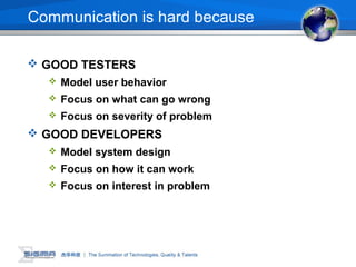 Communication is hard because
 GOOD TESTERS
 Model user behavior
 Focus on what can go wrong
 Focus on severity of problem
 GOOD DEVELOPERS
 Model system design
 Focus on how it can work
 Focus on interest in problem
 