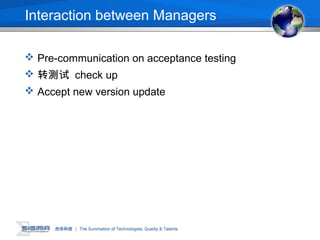 Interaction between Managers
 Pre-communication on acceptance testing
 转测试 check up
 Accept new version update
 