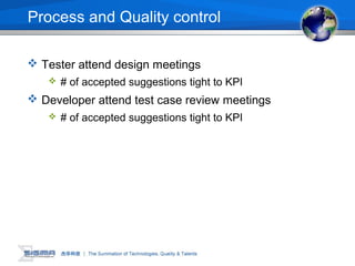 Process and Quality control
 Tester attend design meetings
 # of accepted suggestions tight to KPI
 Developer attend test case review meetings
 # of accepted suggestions tight to KPI
 
