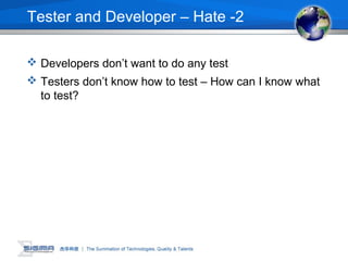 Tester and Developer – Hate -2
 Developers don’t want to do any test
 Testers don’t know how to test – How can I know what
to test?
 