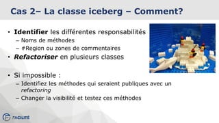 Cas 2– La classe iceberg – Comment?
• Identifier les différentes responsabilités
– Noms de méthodes
– #Region ou zones de commentaires
• Refactoriser en plusieurs classes
• Si impossible :
– Identifiez les méthodes qui seraient publiques avec un
refactoring
– Changer la visibilité et testez ces méthodes
 