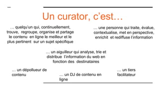 … quelqu’un qui, continuellement,
trouve, regroupe, organise et partage
le contenu en ligne le meilleur et le
plus pertinent sur un sujet spécifique
… un dépollueur de
contenu
… une personne qui traite, évalue,
contextualise, met en perspective,
enrichit et rediffuse l’information
… un aiguilleur qui analyse, trie et
distribue l’information du web en
fonction des destinataires
… un tiers
facilitateur… un DJ de contenu en
ligne
Un curator, c’est…
 