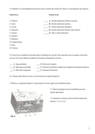 5- Estabelece as correspondências possíveis entre os nomes das rochas da coluna I e as designações da coluna II


COLUNA I                                               COLUNA II


1- Calcário                                    ______ A- Rocha sedimentar detrítica coerente.
2- Areia                                       ______ B- Rocha sedimentar química.
3- Carvão                                      ______ C- Rocha sedimentar biológica.
4- Sal-gema                                    ______ D- Rocha sedimentar detrítica não coerente.
5- Arenito                                     ______ E.- Não é rocha sedimentar
6- Petróleo
7- Mármore
8- Conglomerado
9- Xisto
10- Gneisse



6- Várias são as condições necessárias para a formação dos carvões. Das expressões que se seguem, selecciona
com um (X) as que indicam condições necessárias à formação de carvões.


____ A- Água profunda                 ____ D- Meio sem oxigénio
____ B- Água pouco profunda           ____ E- Cobertura da matéria orgânica por depósito de materiais detríticos.
____ C- Meio bem oxigenado            ____ F- Presença de bactérias


6.2- Porque pode afirmar-se que os carvões têm uma origem biogénica



7- Observa o esquema da figura 4, representativo de uma região com modelado cársico.


                                                         7.1- Qual a principal causa do modelado que estas
                                                         regiões apresentam.


                                                         7.2- Identifica as formas cársicas referenciadas pelos
                                                         números 1, 3, 4, 5 e 6.




 Fig. 4




                                                                                                                  3
 