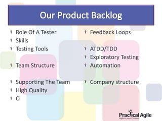 Role Of A Tester
Skills
Testing Tools
Team Structure
Supporting The Team
High Quality
CI
Feedback Loops
ATDD/TDD
Exploratory Testing
Automation
Company structure
 