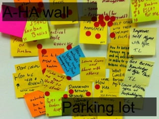 Product Owner workshop by Practical Agile is licensed under a Creative Commons Attribution-ShareAlike 4.0 International License.
A-HA wall
Parking lot
 