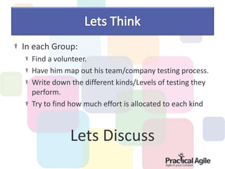 In each Group:
Find a volunteer.
Have him map out his team/company testing process.
Write down the different kinds/Levels of testing they
perform.
Try to find how much effort is allocated to each kind
Lets Discuss
 