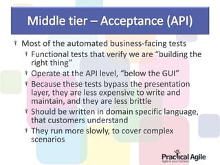 Most of the automated business-facing tests
Functional tests that verify we are “building the
right thing”
Operate at the API level, “below the GUI”
Because these tests bypass the presentation
layer, they are less expensive to write and
maintain, and they are less brittle
Should be written in domain specific language,
that customers understand
They run more slowly, to cover complex
scenarios
 