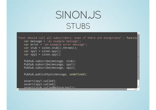 SINON.JS
STUBS
i(sol cl alsbcies ee i teeaeecpin" fnto( {
t"hud al l usrbr, vn f hr r xetos, ucin)
vrmsae='neapemsae;
a esg
a xml esg'
vrerr='neapeerrmsae;
a ro
a xml ro esg'
vrsu =snnsu(.hos)
a tb
io.tb)trw(;
vrsy =snnsy) sy =snnsy)
a p1
io.p(, p2
io.p(;
Pbu.usrb(esg,su)
uSbsbciemsae tb;
Pbu.usrb(esg,sy)
uSbsbciemsae p1;
Pbu.usrb(esg,sy)
uSbsbciemsae p2;
Pbu.ulsSn(esg)
uSbpbihycmsae;
asr(p1cle)
setsy.ald;
asr(p2cle)
setsy.ald;
asr(tbcleBfr(p1)
setsu.aldeoesy);
};
)

 