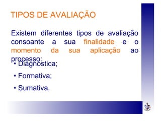 TIPOS DE AVALIAÇÃO
Existem diferentes tipos de avaliação
consoante a sua finalidade e o
momento da sua aplicação ao
processo:
• Diagnóstica;
• Formativa;
• Sumativa.
 