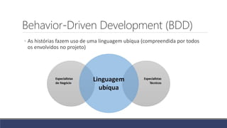 Behavior-Driven Development (BDD)
◦ As histórias fazem uso de uma linguagem ubíqua (compreendida por todos
os envolvidos no projeto)
 