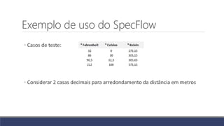 Exemplo de uso do SpecFlow
◦ Casos de teste:
◦ Considerar 2 casas decimais para arredondamento da distância em metros
 