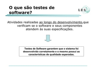 O que são testes de
software?
Atividades realizadas ao longo do desenvolvimento,que
verificam se o software e seus componentes
atendem às suas especificações.
Testes de Software garantem que o sistema foi
desenvolvido corretamente e o mesmo possui as
características de qualidade esperadas.
 