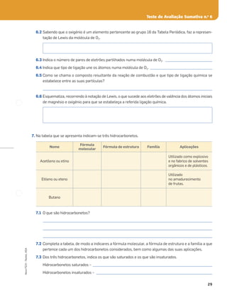 Teste de Avaliação Sumativa n.o
6
29
Novo
FQ
9
–
Testes,
ASA
6.2 Sabendo que o oxigénio é um elemento pertencente ao grupo 16 da Tabela Periódica, faz a represen-
tação de Lewis da molécula de O2.
6.3 Indica o número de pares de eletrões partilhados numa molécula de O2. ____________________________
6.4 Indica que tipo de ligação une os átomos numa molécula de O2. _____________________________________
6.5 Como se chama o composto resultante da reação de combustão e que tipo de ligação química se
estabelece entre as suas partículas?
_____________________________________________________________________________________________________
6.6 Esquematiza, recorrendo à notação de Lewis, o que sucede aos eletrões de valência dos átomos iniciais
de magnésio e oxigénio para que se estabeleça a referida ligação química.
7. Na tabela que se apresenta indicam-se três hidrocarbonetos.
7.1 O que são hidrocarbonetos?
_____________________________________________________________________________________________________
_____________________________________________________________________________________________________
_____________________________________________________________________________________________________
7.2 Completa a tabela, de modo a indicares a fórmula molecular, a fórmula de estrutura e a família a que
pertence cada um dos hidrocarbonetos considerados, bem como algumas das suas aplicações.
7.3 Dos três hidrocarbonetos, indica os que são saturados e os que são insaturados.
Hidrocarbonetos saturados – ________________________________________________________________________
Hidrocarbonetos insaturados – ______________________________________________________________________
Nome
Fórmula
molecular
Fórmula de estrutura Família Aplicações
Acetileno ou etino
Utilizado como explosivo
e no fabrico de solventes
orgânicos e de plásticos.
Etileno ou eteno
Utilizado
no amadurecimento
de frutas.
Butano
 