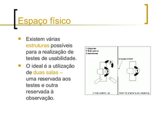 Espaço físico Existem várias  estruturas  possíveis para a realização de testes de usabilidade. O ideal é a utilização de  duas   salas –  uma reservada aos testes e outra reservada à observação. 