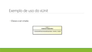 Exemplo de uso do xUnit
◦ Classe a ser criada:
 