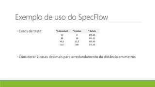 Exemplo de uso do SpecFlow
◦ Casos de teste:
◦ Considerar 2 casas decimais para arredondamento da distância em metros
 