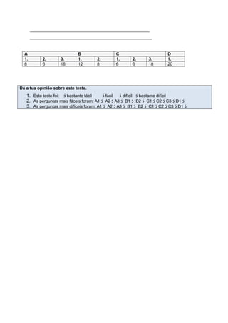 ___________________________________________________
____________________________________________________
A B C D
1. 2. 3. 1. 2. 1. 2. 3. 1.
8 6 16 12 8 6 6 18 20
Dá a tua opinião sobre este teste.
1. Este teste foi:  bastante fácil  fácil  difícil  bastante difícil
2. As perguntas mais fáceis foram: A1  A2  A3  B1  B2  C1  C2  C3  D1 
3. As perguntas mais difíceis foram: A1  A2  A3  B1  B2  C1  C2  C3  D1 
 