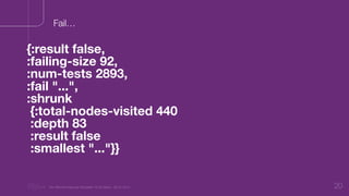 “Nu Minimal Keynote Template” © Nu Bank - 05.01.2014 20
Fail…
{:result false,
:failing-size 92,
:num-tests 2893,
:fail "...",
:shrunk
{:total-nodes-visited 440
:depth 83
:result false
:smallest "..."}}
 