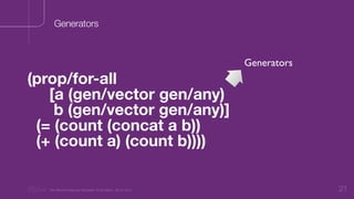 “Nu Minimal Keynote Template” © Nu Bank - 05.01.2014 21
Generators
(prop/for-all
[a (gen/vector gen/any)
b (gen/vector gen/any)]
(= (count (concat a b))
(+ (count a) (count b))))
Generators
 
