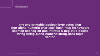 “Nu Minimal Keynote Template” © Nu Bank - 05.01.2014 22
Generators
any any-printable boolean byte bytes char
char-alpha-numeric char-ascii hash-map int keyword
list map nat neg-int pos-int ratio s-neg-int s-posint
string string-alpha-numeric string-ascii tuple
vector
 
