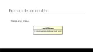 Exemplo de uso do xUnit
◦ Classe a ser criada:
 
