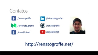 Contatos
http://renatogroffe.net/
/renatogroffe /in/renatogroffe
/canaldotnet
/renatogroffe/@renato.groffe
/canaldotnet
 