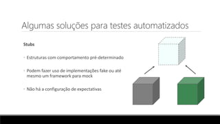 Algumas soluções para testes automatizados
Stubs
◦ Estruturas com comportamento pré-determinado
◦ Podem fazer uso de implementações fake ou até
mesmo um framework para mock
◦ Não há a configuração de expectativas
 