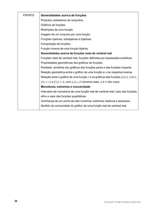 FRVR10 Generalidades acerca de funções
Produtos cartesianos de conjuntos.
Gráficos de funções.
Restrições de uma função.
Imagem de um conjunto por uma função.
Funções injetivas, sobrejetivas e bijetivas.
Composição de funções.
Função inversa de uma função bijetiva.
Generalidades acerca de funções reais de variável real
Funções reais de variável real; funções definidas por expressões analíticas.
Propriedades geométricas dos gráficos de funções.
Paridade; simetrias dos gráficos das funções pares e das funções ímpares.
Relação geométrica entre o gráfico de uma função e o da respetiva inversa.
Relação entre o gráfico de uma função 𝑓 e os gráficos das funções 𝑎𝑓(𝑥), 𝑓(𝑏𝑥),
𝑓(𝑥 + 𝑐) e 𝑓(𝑥) + 𝑑, com 𝑎, 𝑏, 𝑐, 𝑑 números reais, 𝑎 e 𝑏 não nulos.
Monotonia, extremos e concavidade
Intervalos de monotonia de uma função real de variável real; caso das funções
afins e caso das funções quadráticas.
Vizinhança de um ponto da reta numérica; extremos relativos e absolutos.
Sentido da concavidade do gráfico de uma função real de variável real.
©Expoente10
•DossiêdoProfessor,EdiçõesASA
 