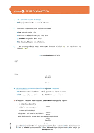 7. Um Leão saltou de dentro do matagal.
7.1.Conjuga a forma verbal no futuro do indicativo.
8. Identifica o valor semântico dos advérbios destacados.
a)Sim, levo-vos comigo a Oz.
b)Eles estavam muito cansados para correr mais.
c)Amanhã lá chegaremos. Falta pouco.
d)Lá chegados, falaremos com o Feiticeiro.
9. Faz a correspondência entre a forma verbal destacada na coluna Ae a sua classificação nas
colunas B, Ce D.
10. Percorridosmuitos quilómetros, Doroteia encontrou um Espantalho.
10.1.Reescreve a frase substituindo a palavra “percorridos” por um sinónimo.
10.2.Reescreve a frase substituindo a palavra “muitos” por um antónimo.
IV– Redige uma conclusão para este conto, tendo em conta os seguintes aspetos:
• os antecedentes da história;
• o objetivo das personagens;
• o retrato das personagens;
• o regresso a uma situação de felicidade;
• uma mensagem que o conto possa deixar para os seus leitores.
ABCDa)Lá foram andando à procura de Oz.
Forma
finita
Forma
não-finita
Indicativo
Infinitivo
Imperativo
Particípio
Gerúndio
Presente
Futuro
Pretérito
perfeito
Pretérito
imperfeito
Pretérito mais-
-que-perfeitob)É preciso acreditar para atingir o objetivo.c)Corre! Ali está o Feiticeiro!d)Iremos finalmente falar com
ele.e)Bem vos tinha dito que o encontraríamos.f)Dantes, ficávamos à espera dele passivamente.g)Ainda bem que aqui
estamos diante dele!
 