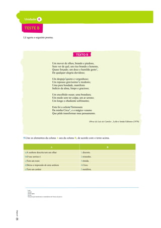 Lê agora o seguinte poema.
Um mover de olhos, brando e piedoso,
Sem ver de quê; um riso brando e honesto,
Quase forçado; um doce e humilde gesto1
,
De qualquer alegria duvidoso;
Um despejo2
quieto e vergonhoso;
Um repouso gravíssimo3
e modesto;
Uma pura bondade, manifesto
Indício da alma, limpo e gracioso;
Um encolhido ousar; uma brandura;
Um medo sem ter culpa; um ar sereno;
Um longo e obediente sofrimento;
Esta foi a celeste4
formosura
Da minha Circe5
, e o mágico veneno
Que pôde transformar meu pensamento.
Obras de Luís de Camões , Lello e Irmão Editores (1970)
5.Une os elementos da coluna A aos da coluna B, de acordo com o texto acima.
A B
a)A senhora descrita tem um olhar 1.discreto.
b)O seu sorriso é 2.tristonho.
c)Tem um rosto 3.tímida.
d)Deixa a impressão de uma senhora 4.Circe.
e)Tem um caráter 5.metáfora.
5
1
rosto
2
atitude
3
muito digno
4
divina
5
feiticeira que transformou os marinheiros de Ulisses em porcos
10
 