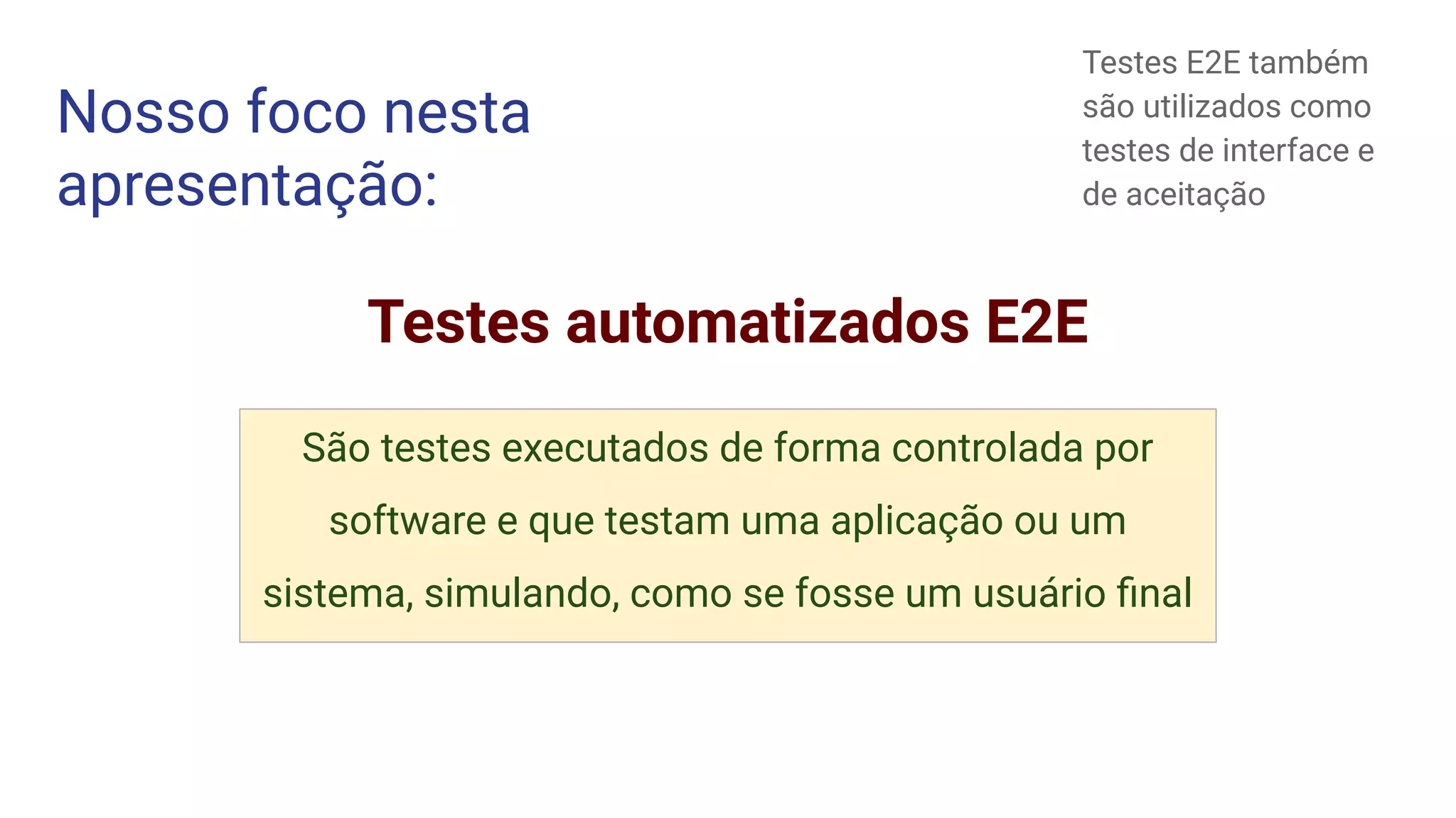Nosso foco nesta
apresentação:
Testes automatizados E2E
Testes E2E também
são utilizados como
testes de interface e
de aceitação
São testes executados de forma controlada por
software e que testam uma aplicação ou um
sistema, simulando, como se fosse um usuário ﬁnal
 