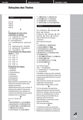 SOLUÇÕES CIÊNCIAS NATURAIS DESCOBRIR A TERRA
Soluções dos Testes
I
1.1. b);
1.2. b);
1.3. b);
1.4. d).
II
1.
Populações de seres vivos
envolvidas na relação
1. A – nepentes; B – insectos
2. A – formigas brancas;
B – microrganismos
3. A – bromileáceas; B – girinos da
rela
4. A – leguminosas; B – bactérias
5. A – parasitas; B – hospedeiros
6. A – crocodilo; B – ave
Caracterização da relação pelos
sinais , e
1. A – ; B –
2. A – ; B –
3. A – ; B –
4. A – ; B –
5. A – ; B –
6. A – ; B –
Designação da relação
1. Predação
2. Simbiose
3. Comensalismo
4. Simbiose
5. Parasitismo
6. Mutualismo
2.1. Predação.
2.2. Enquanto a população A, não
esteve em contacto com B, esta
espécie aumentou
significativamente o seu número. A
presença da espécie A provocou,
imediatamente uma redução no
número de indivíduos B, que quase
acabaram por se extinguir.
III
1.1. a) C ; b) D; c) B.
2.
1. FOTOPERÍODO; 2. SALINIDADE;
3. CONSTANTE; 4. FOTOSSÍNTESE;
5. HIGRÓFILOS; 6.TEMPERATURA;
7. MESÓFILOS; 8. SOLO;
9. LUZ ÁGUA; 10. SUBSTRATO;
11. HIBERNAM; 12. MIGRAÇÃO;
13. HIDRÓFILOS; 14. ESTIVAM;
15. HUMIDADE; 16. COLÓNIAS;
17. XERÓFILOS; 18. PLUVIOSIDADE
I
1.1. a) Plâncton Arenque
Atum Homem;
b) Plâncton Arenque Ave
marinha Atum Homem
1.2. a) Plâncton; b) Arenque;
c) Homem.
1.3. A pesca excessiva.
2.
1. PLÂNCTON; 2. CARNÍVORO;
3. CONSUMIDOR; 4. TEIA;
5. FOTOSSINTESE; 6. MINERAL;
7. MATÉRIA ORGÂNICA;
8. ALIMENTOS; 9. FITOPLÂNCTON;
10. HERBIVOROS;
11. DECOMPOSITORES; 12. ENERGIA;
13. ZOOPLÂNCTON;
14. AUTOTRÓFICOS; 15. LEOA;
16. HETEROTRÓFICO
II
1.1. Ciclo da água.
1.2. 1 – Precipitação;
2 – Evaporação; 3 – Condensação;
4 – Escorrência.
1.3. Retêm a água no solo, evitando
a escorrência superficial e através da
evapotranspiração libertam-na para
a atmosfera.
1.4. O Homem através do consumo
exagerado e da poluição
interrompe, muitas vezes, o ciclo.
III
1.1. As sementes vão germinar,
originando plantas que fornecerão
alimento e abrigo a animais que, aos
poucos, se estabelecerão no local.
Com o tempo, provavelmente, as
espécies tornar-se-ão tão
diversificadas e numerosas como
antes do incêndio.
1.2. Sucessão ecológica.
IV
1. Herbívoros; diminui; aumento;
produtores; produtores; herbívoros;
herbívoros; produtores; produtores;
TESTE 2
TESTE 1
+
+
+ +
+ +
+ +
+
–
+ –
– 0
0
AEDPROF8_F01_F02_2PPI 10/24/03 12:23 PM Página 26
 