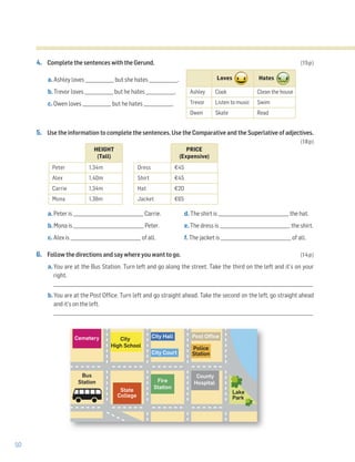 50
4. Complete the sentences with the Gerund. (15p)
a. Ashley loves _____________ but she hates _____________.
b. Trevor loves _____________ but he hates _____________.
c. Owen loves _____________ but he hates _____________.
5. Use the information to complete the sentences. Use the Comparative and the Superlative of adjectives.
(18p)
a. Peter is ________________________________ Carrie. d. The shirt is ________________________________ the hat.
b. Mona is ________________________________ Peter. e. The dress is ________________________________ the shirt.
c. Alex is ________________________________ of all. f. The jacket is ________________________________ of all.
6. Follow the directions and say where you want to go. (14p)
a. You are at the Bus Station. Turn left and go along the street. Take the third on the left and it’s on your
right.
______________________________________________________________________________________________________________________
b. You are at the Post Office. Turn left and go straight ahead. Take the second on the left, go straight ahead
and it’s on the left.
______________________________________________________________________________________________________________________
Loves Hates
Ashley Cook Clean the house
Trevor Listen to music Swim
Owen Skate Read
State
College
Fire
Station
County
Hospital
Lake
Park
Cemetery City
High School
City Hall Post Office
City Court
Police
Station
Lake
Park
Bus
Station
HEIGHT
(Tall)
Peter 1,34m
Alex 1,40m
Carrie 1,34m
Mona 1,38m
PRICE
(Expensive)
Dress €45
Shirt €45
Hat €20
Jacket €65
 