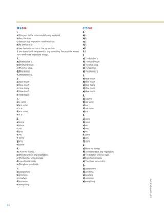 64
TEST 6A
1.
a) She goes to the supermarket every weekend.
b) Yes, she does.
c) You can buy vegetables and fresh fruit.
d) At the baker’s.
e) Her favourite section is the toy section.
f) She doesn’t ask her parent to buy something because she knows
they need more important things.
2.
a) The butcher’s.
b) The hairdresser.
c) The shoe shop.
d) The dentist.
e) The chemist’s.
3.
a) How much
b) How much
c) How many
d) How much
e) How much
4.
a) is some
b) are some
c) is a
d) are some
e) is a
5.
a) some
b) some
c) no
d) any
e) no
f) some
g) any
h) some
6.
a) I have no friends.
b) She doesn’t eat any vegetables.
c) The butcher sells no eggs.
d) I need some books.
e) They have some milk.
7.
a) somewhere
b) anything
c) nowhere
d) someone
e) everything
TEST 6B
1.
a) 4.
b) 6.
c) 2.
d) 5.
e) 1.
f) 3.
2.
a) The butcher’s.
b) The hairdresser.
c) The shoe shop.
d) The dentist.
e) The chemist’s.
3.
a) How much
b) How much
c) How many
d) How much
e) How much
4.
a) is some
b) are some
c) is a
d) are some
e) is a
5.
a) some
b) some
c) no
d) any
e) no
f) some
g) any
h) some
6.
a) I have no friends.
b) She doesn’t eat any vegetables.
c) The butcher sells no eggs.
d) I need some books.
e) They have some milk.
7.
a) somewhere
b) anything
c) nowhere
d) someone
e) everything
CAP
–
Game
On
,
6.
o
ano
 