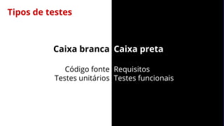 14
Caixa branca
Código fonte
Testes unitários
Caixa preta
Requisitos
Testes funcionais
Tipos de testes
 