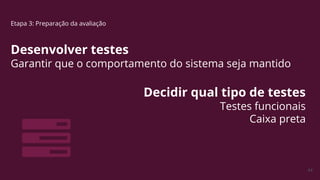 44
Etapa 3: Preparação da avaliação
Desenvolver testes
Garantir que o comportamento do sistema seja mantido
Decidir qual tipo de testes
Testes funcionais
Caixa preta
 