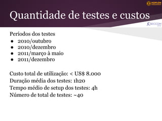 Quantidade de testes e custos
Períodos dos testes
● 2010/outubro
● 2010/dezembro
● 2011/março à maio
● 2011/dezembro

Custo total de utilização: < US$ 8.000
Duração média dos testes: 1h20
Tempo médio de setup dos testes: 4h
Número de total de testes: ~40
 