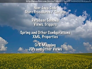 http://www.ﬂickr.com/photos/14646075@N03/3498450536/sizes/o/


        Non-Java Code
  Store Procedures / Scripts

        Database Schema
         Views, Triggers

Spring and Other Conﬁgurations
        XML, Properties

         O/R Mapping
     JSPs and Other Views
 