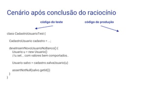 Cenário após conclusão do raciocínio
class CadastroUsuarioTest {
CadastroUsuario cadastro = ...;
deveInserirNovoUsuarioNoBanco() {
Usuario u = new Usuario()
//u.set... com valores bem comportados..
Usuario salvo = cadastro.salvaUsuario(u)
assertNotNull(salvo.getId())
}
}
código do teste código de produção
 