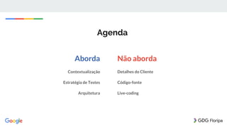 Agenda
Aborda
Contextualização
Estratégia de Testes
Arquitetura
Não aborda
Detalhes do Cliente
Código-fonte
Live-coding
 