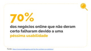 70%
dos negócios online que não deram
certo falharam devido a uma
péssima usabilidade
Fonte: https://www.smallbizgenius.net/by-the-numbers/ux-statistics/
 