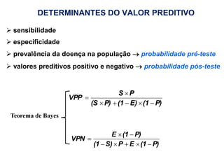 DETERMINANTES DO VALOR PREDITIVO
 sensibilidade
 especificidade
 prevalência da doença na população  probabilidade pré-teste
 valores preditivos positivo e negativo  probabilidade pós-teste
P)(1E)(1P)(S
PS
VPP



P)(1EPS)(1
P)(1E
VPN



Teorema de Bayes
 
