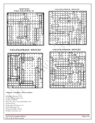 Testes & Curiosidades Bíblicas Página 102
Celso do Rozário Brasil Gonçalves
1. Respostas - Teste Bíblico - Associe as Palavras
(08) Quarto (Romanos 16.23)
(07) Basã (Deuteronômio 3.11)
(01) Davi (Amós 6.5)
(03) Cristãos (Atos 11.26; 26.28; I Pedro 4.16)
(05) Isaías (8.3,4)
(06) Jerusalém (I Crônicas 1.15)
(04) Fé (Habacuque 2.4)
(02) Salomão (I Reis 4.29-31)
(09) Barcos (Neemias 7.55)
 
