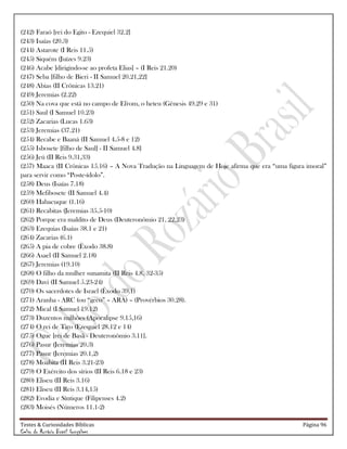 Testes & Curiosidades Bíblicas Página 96
Celso do Rozário Brasil Gonçalves
(242) Faraó [rei do Egito - Ezequiel 32.2]
(243) Isaías (20.3)
(244) Astarote (I Reis 11.5)
(245) Siquém (Juízes 9.23)
(246) Acabe [dirigindo-se ao profeta Elias] – (I Reis 21.20)
(247) Seba [filho de Bieri - II Samuel 20.21,22]
(248) Abias (II Crônicas 13.21)
(249) Jeremias (2.22)
(250) Na cova que está no campo de Efrom, o heteu (Gênesis 49.29 e 31)
(251) Saul (I Samuel 10.23)
(252) Zacarias (Lucas 1.63)
(253) Jeremias (37.21)
(254) Recabe e Baaná (II Samuel 4.5-8 e 12)
(255) Isbosete [filho de Saul] - II Samuel 4.8]
(256) Jeú (II Reis 9.31,33)
(257) Maaca (II Crônicas 15.16) – A Nova Tradução na Linguagem de Hoje afirma que era ―uma figura imoral‖
para servir como ―Poste-ídolo‖.
(258) Deus (Isaías 7.18)
(259) Mefibosete (II Samuel 4.4)
(260) Habacuque (1.16)
(261) Recabitas (Jeremias 35.5-10)
(262) Porque era maldito de Deus (Deuteronômio 21. 22,23)
(263) Ezequias (Isaías 38.1 e 21)
(264) Zacarias (6.1)
(265) A pia de cobre (Êxodo 38.8)
(266) Asael (II Samuel 2.18)
(267) Jeremias (19.10)
(268) O filho da mulher sunamita (II Reis 4.8, 32-35)
(269) Davi (II Samuel 5.23-24)
(270) Os sacerdotes de Israel (Êxodo 39.1)
(271) Aranha - ARC (ou ―geco‖ – ARA) – (Provérbios 30.28).
(272) Mical (I Samuel 19.12)
(273) Duzentos milhões (Apocalipse 9.15,16)
(274) O rei de Tiro (Ezequiel 28.12 e 14)
(275) Ogue [rei de Basã - Deuteronômio 3.11].
(276) Pasur (Jeremias 20.3)
(277) Pasur (Jeremias 20.1,2)
(278) Moabita (II Reis 3.21-23)
(279) O Exército dos sírios (II Reis 6.18 e 23)
(280) Eliseu (II Reis 3.16)
(281) Eliseu (II Reis 3.14,15)
(282) Evodia e Síntique (Filipenses 4.2)
(283) Moisés (Números 11.1-2)
 