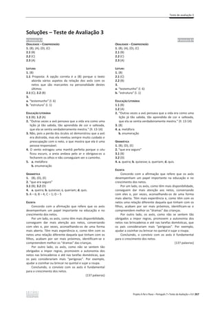 Teste de avaliação 3
Projeto A Par e Passo – Português 7 x Testes de Avaliação x ASA 267
Soluções – Teste de Avaliação 3
ͻ VERSÃO A ͻ
ORALIDADE – COMPREENSÃO
1. (B), (A), (D), (C)
2.1 (B)
2.2 (C)
2.3 (A)
LEITURA
1. (B)
1.1 Proposta: A opção correta é a (B) porque o texto
aborda vários aspetos da relação dos avós com os
netos que são marcantes na personalidade destes
últimos
2.1 (C); 2.2 (B)
3.
a. “testemunho” (l. 6)
b. “estrutura” (l. 1)
EDUCAÇÃO LITERÁRIA
1.1 (B); 1.2 (A)
2. “Outras vezes a avó pensava que a vida era como uma
lição já tão sabida, tão aprendida de cor e salteada,
que ela se sentia verdadeiramente mestra.” (ll. 13-14)
3. Não, pois a perda dos óculos só demonstrou que a avó
era distraída, mas ela revelou sempre muito cuidado e
preocupação com o neto, o que mostra que ela é uma
pessoa responsável.
4. O vento estragou uma manhã perfeita porque o céu
ficou escuro, a areia andava pelo ar e obrigava-os a
fecharem os olhos e não conseguiam ver o caminho.
5. a. metáfora
b. enumeração
GRAMÁTICA
1. (B), (D), (E)
2. “que era seguro”
3.1 (B); 3.2 (D)
4. a. queira; b. quisesse; c. queriam; d. quis.
5. A – 6; B – 4; C – 1; D – 5
ESCRITA
Concordo com a afirmação que refere que os avós
desempenham um papel importante na educação e no
crescimento dos netos.
Por um lado, os avós, como têm mais disponibilidade,
conseguem dar mais atenção aos netos, conversando
com eles e, por vezes, aconselhando-os de uma forma
mais aberta. Têm mais experiência e, como têm com os
netos uma relação diferente daquela que tinham com os
filhos, acabam por ser mais próximos, identificam-se e
compreendem melhor os “dramas” das crianças.
Por outro lado, os avós, como não se sentem tão
obrigados a impor regras, promovem a autonomia dos
netos nas brincadeiras e até nas tarefas domésticas, que
os pais considerariam mais “perigosas”. Por exemplo,
ajudar a cozinhar ou brincar no quintal e sujar a roupa.
Concluindo, o convívio com os avós é fundamental
para o crescimento dos netos.
(137 palavras)
ͻ VERSÃO B ͻ
ORALIDADE – COMPREENSÃO
1. (B), (A), (D), (C)
2.1 (B)
2.2 (C)
2.3 (A)
LEITURA
1. (B)
2.1 (C)
2.2 (B)
3.
a. “testemunho” (l. 6)
b. “estrutura” (l. 1)
EDUCAÇÃO LITERÁRIA
1.1 (B)
1.2 (A)
2. “Outras vezes a avó pensava que a vida era como uma
lição já tão sabida, tão aprendida de cor e salteada,
que ela se sentia verdadeiramente mestra.” (ll. 13-14)
3. (B)
4. a. metáfora
b. enumeração
GRAMÁTICA
1. (B), (D), (E)
2. “que era seguro”
3.1 (B)
3.2 (D)
4. a. queira; b. quisesse; c. queriam; d. quis.
ESCRITA
Concordo com a afirmação que refere que os avós
desempenham um papel importante na educação e no
crescimento dos netos.
Por um lado, os avós, como têm mais disponibilidade,
conseguem dar mais atenção aos netos, conversando
com eles e, por vezes, aconselhando-os de uma forma
mais aberta. Têm mais experiência e, como têm com os
netos uma relação diferente daquela que tinham com os
filhos, acabam por ser mais próximos, identificam-se e
compreendem melhor os “dramas” das crianças.
Por outro lado, os avós, como não se sentem tão
obrigados a impor regras, promovem a autonomia dos
netos nas brincadeiras e até nas tarefas domésticas, que
os pais considerariam mais “perigosas”. Por exemplo,
ajudar a cozinhar ou brincar no quintal e sujar a roupa.
Concluindo, o convívio com os avós é fundamental
para o crescimento dos netos.
(137 palavras)
 
