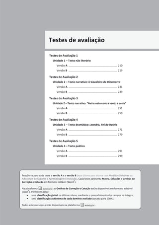 Testes de avaliação
Testes de Avaliação 1
Unidade 1 – Texto não literário
Versão A .................................................................. 210
Versão B .................................................................. 219
Testes de Avaliação 2
Unidade 2 – Texto narrativo: O Cavaleiro da Dinamarca
Versão A .................................................................. 231
Versão B .................................................................. 239
Testes de Avaliação 3
Unidade 2 – Texto narrativo: “Avó e neto contra vento e areia”
Versão A .................................................................. 251
Versão B .................................................................. 259
Testes de Avaliação 4
Unidade 3 – Texto dramático: Leandro, Rei da Helíria
Versão A .................................................................. 271
Versão B .................................................................. 279
Testes de Avaliação 5
Unidade 4 – Texto poético
Versão A .................................................................. 291
Versão B .................................................................. 299
Propõe-se para cada teste a versão A e a versão B (este último para alunos com Medidas Seletivas ou
Adicionais de Suporte à Aprendizagem e Inclusão). Cada teste apresenta Matriz, Soluções e Grelhas de
Correção e Cotação em formato editável (Word
®
).
Na plataforma as Grelhas de Correção e Cotação estão disponíveis em formato editável
(Excel
®
). Permitem gerar:
x uma classificação global na última coluna, mediante o preenchimento dos campos na íntegra;
x uma classificação autónoma de cada domínio avaliado (cotada para 100%).
Todos estes recursos estão disponíveis na plataforma .
 