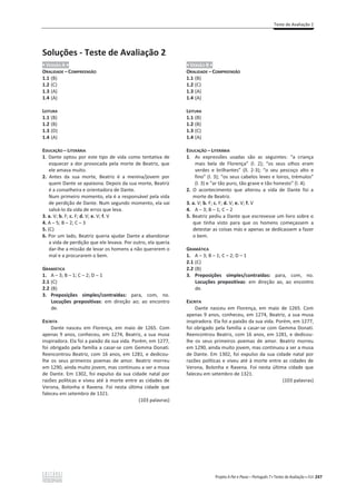 Teste de Avaliação 2
Projeto A Par e Passo – Português 7 x Testes de Avaliação x ASA 247
Soluções - Teste de Avaliação 2
ͻ VERSÃO A ͻ
ORALIDADE – COMPREENSÃO
1.1 (B)
1.2 (C)
1.3 (A)
1.4 (A)
LEITURA
1.1 (B)
1.2 (B)
1.3 (D)
1.4 (A)
EDUCAÇÃO – LITERÁRIA
1. Dante optou por este tipo de vida como tentativa de
esquecer a dor provocada pela morte de Beatriz, que
ele amava muito.
2. Antes da sua morte, Beatriz é a menina/jovem por
quem Dante se apaixona. Depois da sua morte, Beatriz
é a conselheira e orientadora de Dante.
Num primeiro momento, ela é a responsável pela vida
de perdição de Dante. Num segundo momento, ela vai
salvá-lo da vida de erros que leva.
3. a. s͖b. ͖c. ͖d. s͖e. s͖f. V
4. A – ϱ͖– Ϯ͖– 3
5. (C)
6. Por um lado, Beatriz queria ajudar Dante a abandonar
a vida de perdição que ele levava. Por outro, ela queria
dar-lhe a missão de levar os homens a não quererem o
mal e a procurarem o bem.
GRAMÁTICA
1. A – ϯ͖– ϭ͖– Ϯ͖– 1
2.1 (C)
2.2 (B)
3. Preposições simples/contraídas: para, com, no.
Locuções prepositivas͗ Ğŵ ĚŝƌĞĕĆŽ ĂŽ͖ ĂŽ encontro
de.
ESCRITA
Dante nasceu em Florença, em maio de 1265. Com
apenas 9 anos, conheceu, em 1274, Beatriz, a sua musa
inspiradora. Ela foi a paixão da sua vida. Porém, em 1277,
foi obrigado pela família a casar-se com Gemma Donati.
Reencontrou Beatriz, com 16 anos, em 1281, e dedicou-
lhe os seus primeiros poemas de amor. Beatriz morreu
em 1290, ainda muito jovem, mas continuou a ser a musa
de Dante. Em 1302, foi expulso da sua cidade natal por
razões políticas e viveu até à morte entre as cidades de
Verona, Bolonha e Ravena. Foi nesta última cidade que
faleceu em setembro de 1321.
(103 palavras)
ͻ VERSÃO B ͻ
ORALIDADE – COMPREENSÃO
1.1 (B)
1.2 (C)
1.3 (A)
1.4 (A)
LEITURA
1.1 (B)
1.2 (B)
1.3 (C)
1.4 (A)
EDUCAÇÃO – LITERÁRIA
1. As expressões usadas são as seguintes: “a criança
mais bela de Florença” ;ů͘ ϮͿ͖ “os seus olhos eram
verdes e brilhantes” (ll. 2-ϯͿ͖ “o seu pescoço alto e
fino” ;ů͘ϯͿ͖“os seus cabelos leves e loiros, trémulos”
(l. 3) e “ar tão puro, tão grave e tão honesto” (l. 4).
2. O acontecimento que alterou a vida de Dante foi a
morte de Beatriz.
3. a. s͖b. ͖c. ͖d. s͖e. s͖f. V
4. A – ϯ͖– ϭ͖– 2
5. Beatriz pediu a Dante que escrevesse um livro sobre o
que tinha visto para que os homens começassem a
detestar as coisas más e apenas se dedicassem a fazer
o bem.
GRAMÁTICA
1. A – ϯ͖– ϭ͖– Ϯ͖– 1
2.1 (C)
2.2 (B)
3. Preposições simples/contraídas: para, com, no.
Locuções prepositivas: em direção ao, ao encontro
de.
ESCRITA
Dante nasceu em Florença, em maio de 1265. Com
apenas 9 anos, conheceu, em 1274, Beatriz, a sua musa
inspiradora. Ela foi a paixão da sua vida. Porém, em 1277,
foi obrigado pela família a casar-se com Gemma Donati.
Reencontrou Beatriz, com 16 anos, em 1281, e dedicou-
lhe os seus primeiros poemas de amor. Beatriz morreu
em 1290, ainda muito jovem, mas continuou a ser a musa
de Dante. Em 1302, foi expulso da sua cidade natal por
razões políticas e viveu até à morte entre as cidades de
Verona, Bolonha e Ravena. Foi nesta última cidade que
faleceu em setembro de 1321.
(103 palavras)
 