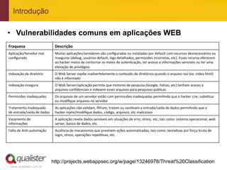 Introdução

•  Vulnerabilidades comuns em aplicações WEB
Fraqueza	
                                Descrição	
  
Aplicação/Servidor	
  mal	
               Muitas	
  aplicações/servidores	
  são	
  conﬁguradas	
  ou	
  instaladas	
  por	
  default	
  com	
  recursos	
  desnecessários	
  ou	
  
conﬁgurado	
                              inseguros	
  (debug,	
  usuários	
  default,	
  logs	
  detalhados,	
  permissões	
  incorretas,	
  etc).	
  Esses	
  recurso	
  oferecem	
  
                                          ao	
  hacker	
  meios	
  de	
  contornar	
  os	
  meios	
  de	
  autenLcação,	
  ter	
  acesso	
  a	
  informações	
  sensíveis	
  ou	
  ter	
  uma	
  
                                          elevação	
  de	
  privilégios	
  
Indexação	
  de	
  diretório	
            O	
  Web	
  Server	
  expõe	
  inadverLdamente	
  o	
  conteúdo	
  de	
  diretórios	
  quando	
  o	
  arquivo	
  raiz	
  (ex:	
  index.html)	
  
                                          não	
  é	
  informado	
  
Indexação	
  insegura	
                   O	
  Web	
  Server/aplicação	
  permite	
  que	
  motores	
  de	
  pesquisa	
  (Google,	
  Yahoo,	
  etc)	
  tenham	
  acesso	
  a	
  
                                          arquivos	
  conﬁdenciais	
  e	
  indexem	
  esses	
  arquivos	
  para	
  pesquisas	
  públicas	
  
Permissões	
  inadequadas	
               Os	
  arquivos	
  de	
  um	
  servidor	
  estão	
  com	
  permissões	
  inadequadas	
  permiLndo	
  que	
  o	
  hacker	
  crie,	
  subsLtua	
  	
  
                                          ou	
  modiﬁque	
  arquivos	
  no	
  servidor	
  
Tratamento	
  inadequado	
                As	
  aplicações	
  não	
  validam,	
  ﬁltram,	
  tratam	
  ou	
  saniLzam	
  a	
  entrada/saída	
  de	
  dados	
  permiLndo	
  que	
  o	
  
de	
  entrada/saída	
  de	
  dados	
      hacker	
  injete/modiﬁque	
  dados,	
  código,	
  arquivos,	
  etc	
  maliciosos	
  	
  
Vazamento	
  de	
                         A	
  aplicação	
  revela	
  dados	
  sensíveis	
  em	
  situações	
  de	
  erro,	
  stress,	
  etc,	
  tais	
  como:	
  sistema	
  operacional,	
  web	
  
informações	
                             server,	
  banco	
  de	
  dados,	
  etc.	
  
Falta	
  de	
  AnL-­‐automação	
          Ausência	
  de	
  mecanismos	
  que	
  previnem	
  ações	
  automaLzadas,	
  tais	
  como:	
  tentaLvas	
  por	
  força	
  bruta	
  de	
  
                                          login,	
  stress,	
  operações	
  repeLLvas,	
  etc.	
  
                                          	
  




                                         http://projects.webappsec.org/w/page/13246978/Threat%20Classification
 www.qualister.com.br
 